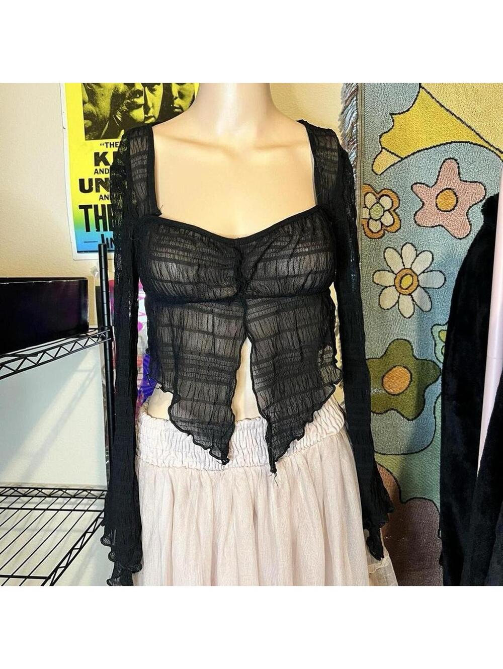 Gothic Sheer Black Lace Handkerchief Hem Top